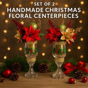 Set of 2 Handmade Christmas Floral Centerpieces – Red & Gold Holiday Décor